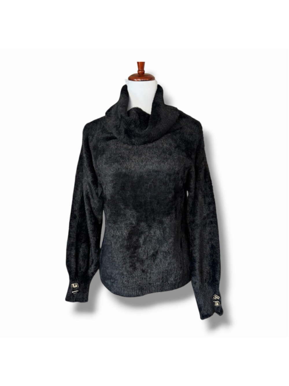 Gaelle Paris Size 1 Black Mock Neck Eyelash Knit Fuzzy Pullover Sweater Buttons